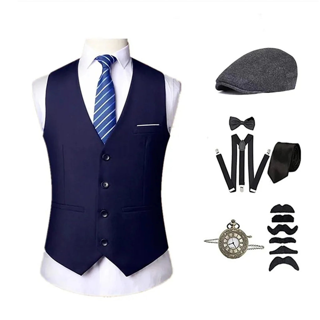 Men's 1920s Costume Set with Accessories – Vest, Hat & Tie