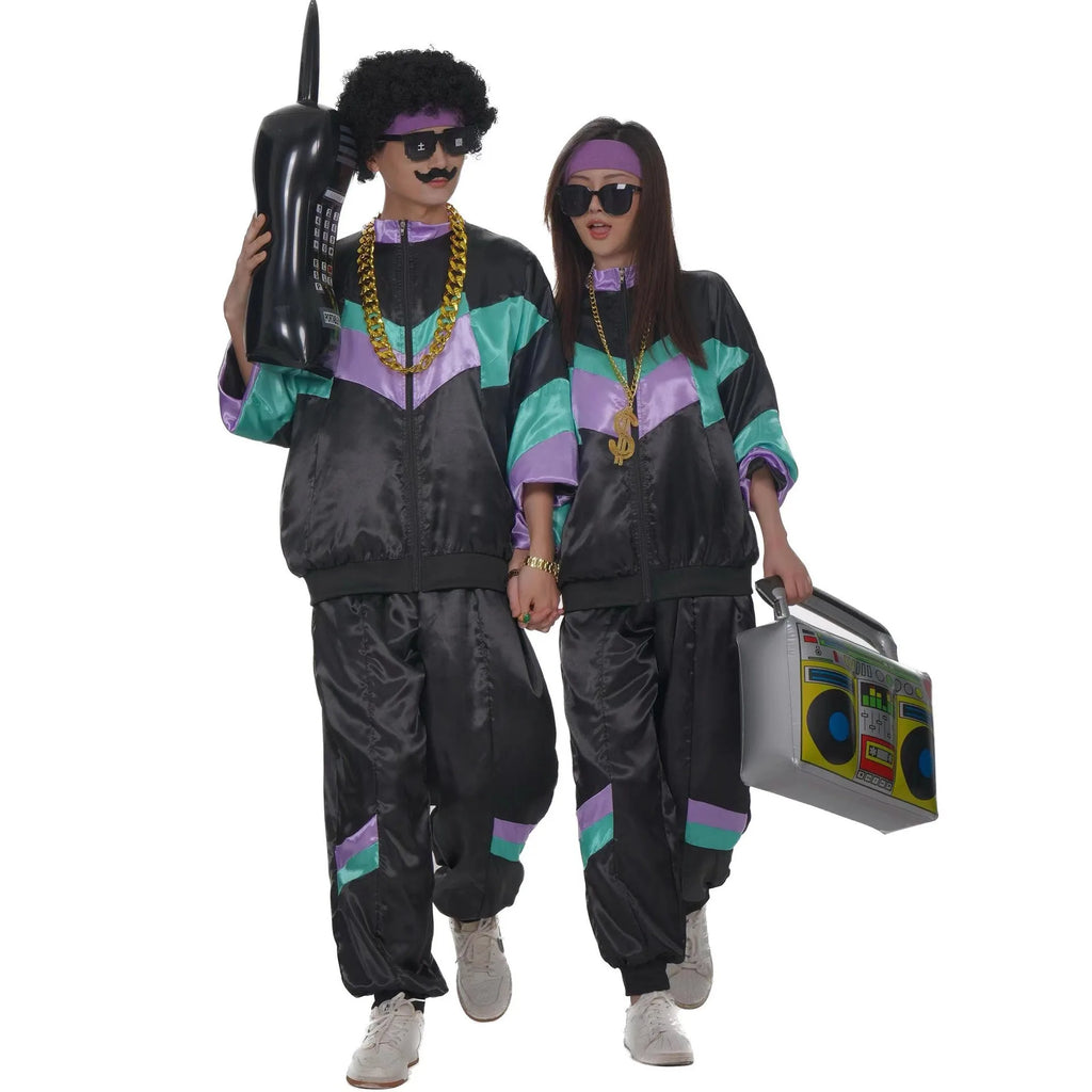 80s Retro Satin Tracksuit – Color Block Jacket & Pants Set (Unisex)