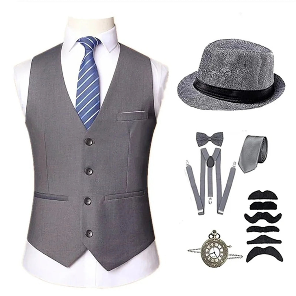 Men's 1920s Costume Set with Accessories – Vest, Hat & Tie