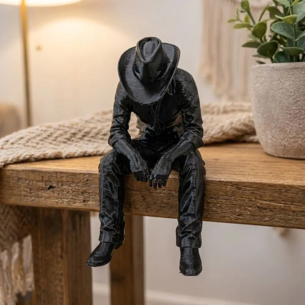 Sad Sitting Cowboy Sculpture – 3D Printed Western Statue