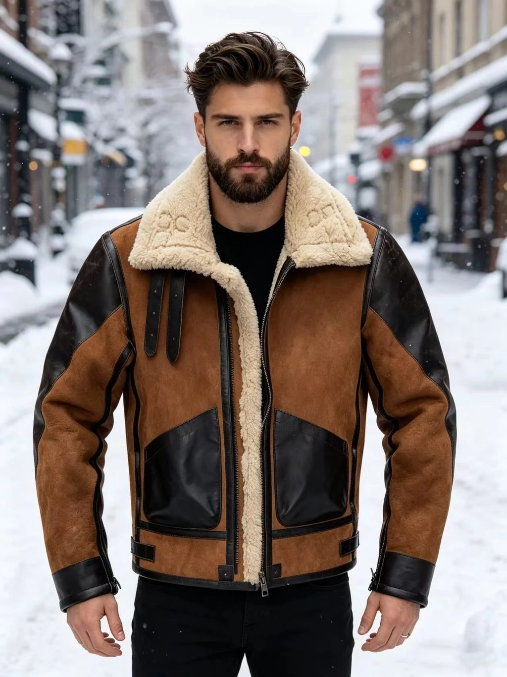 Men's Brown Shearling Winter Jacket – Plus Size 5XL