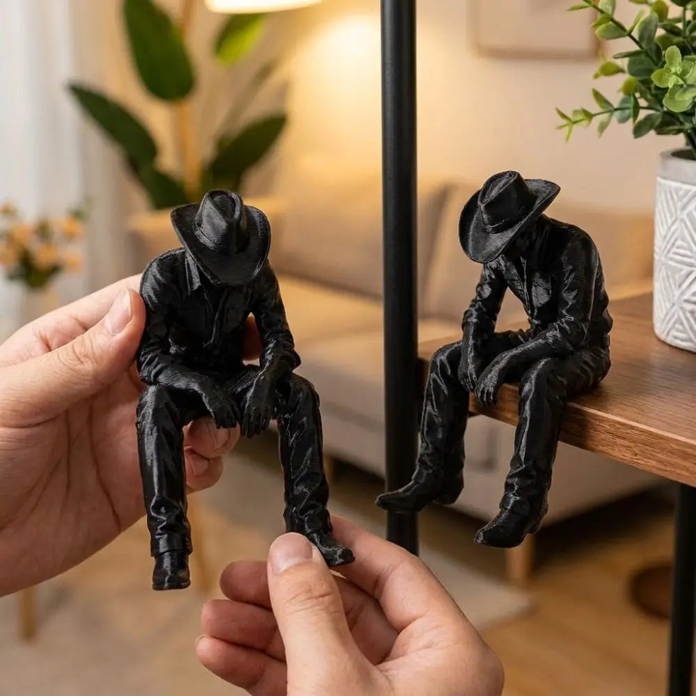 Sad Sitting Cowboy Sculpture – 3D Printed Western Statue