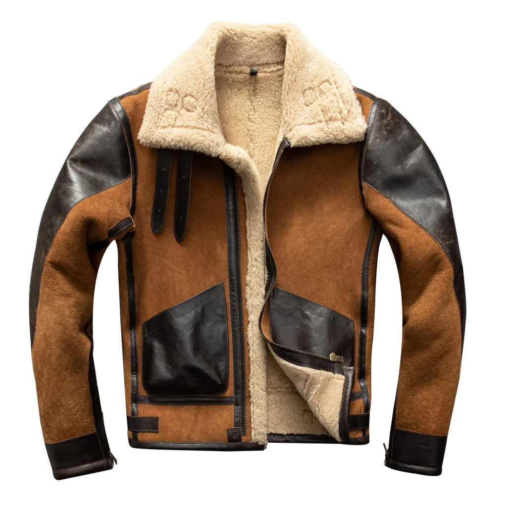 Men's Brown Shearling Winter Jacket – Plus Size 5XL
