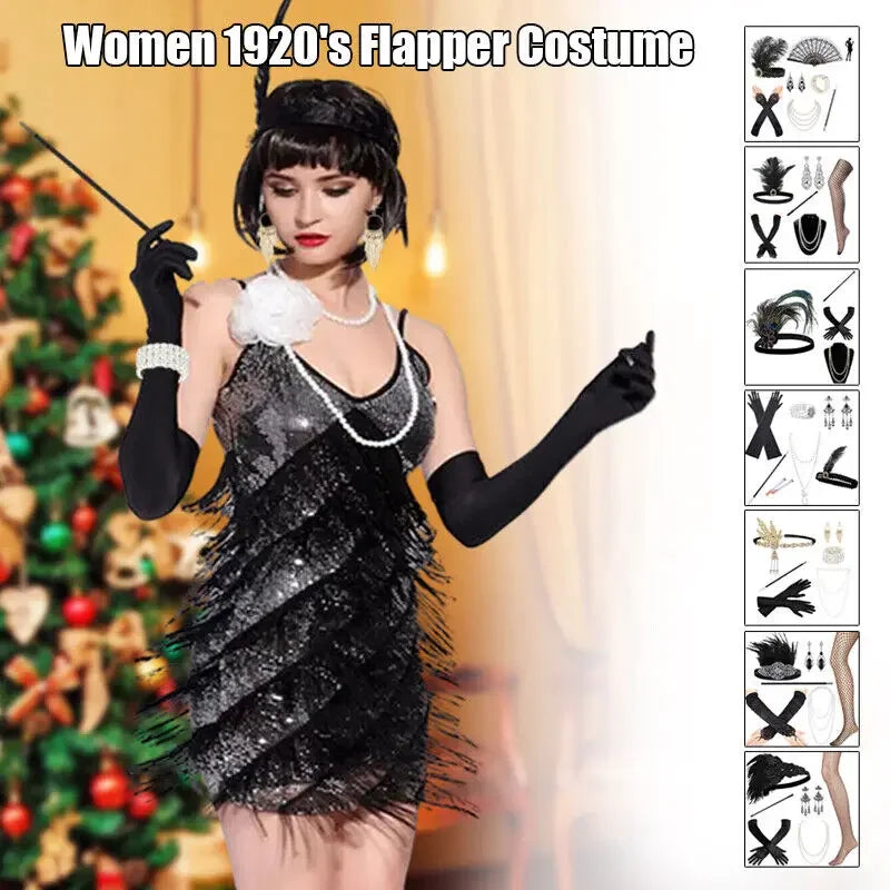 1920s Flapper Girl Costume Set – Headpiece, Necklace & Gloves