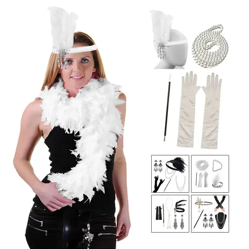 1920s Flapper Girl Costume Set – Headpiece, Necklace & Gloves