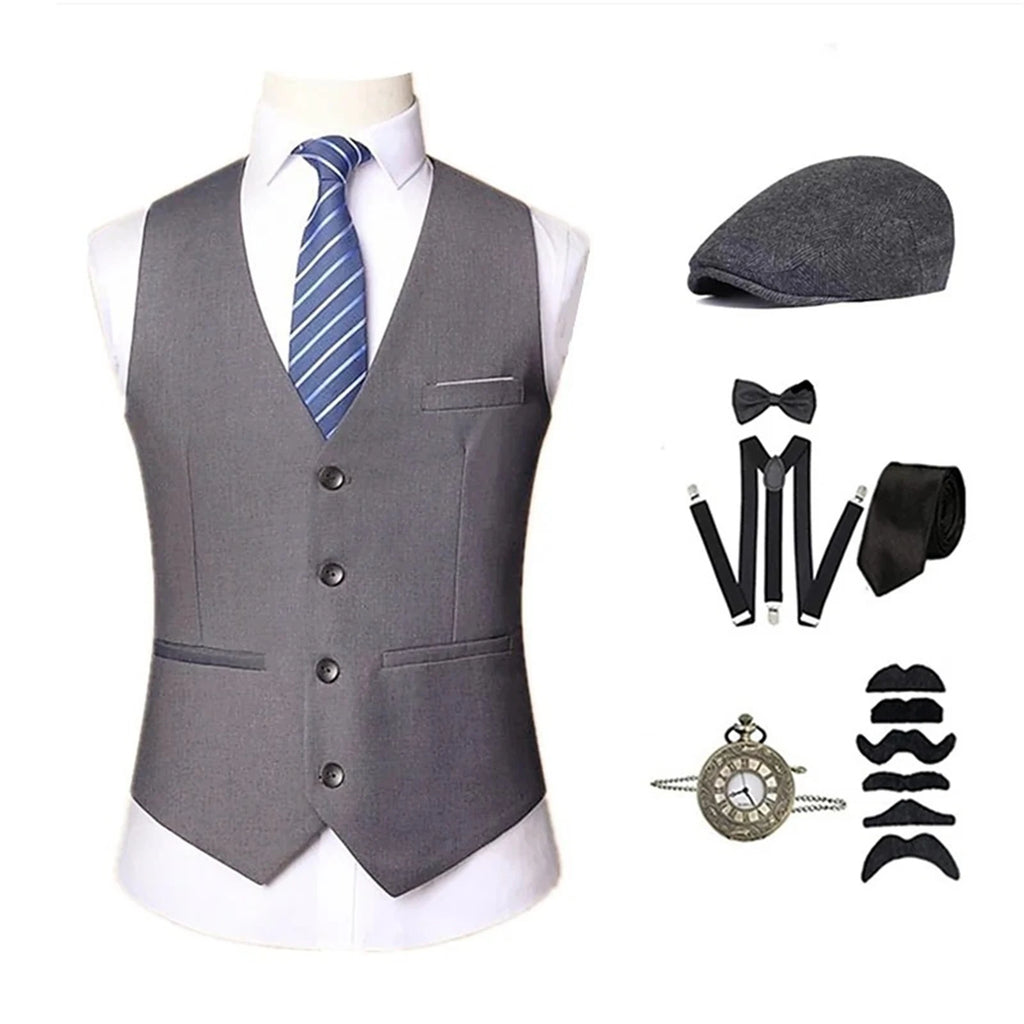 Men's 1920s Costume Set with Accessories – Vest, Hat & Tie