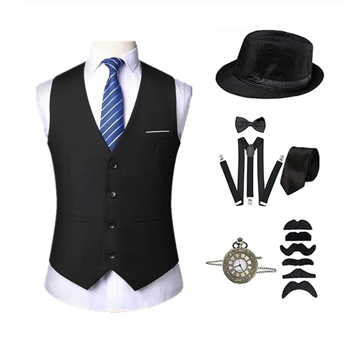 Men's 1920s Costume Set with Accessories – Vest, Hat & Tie