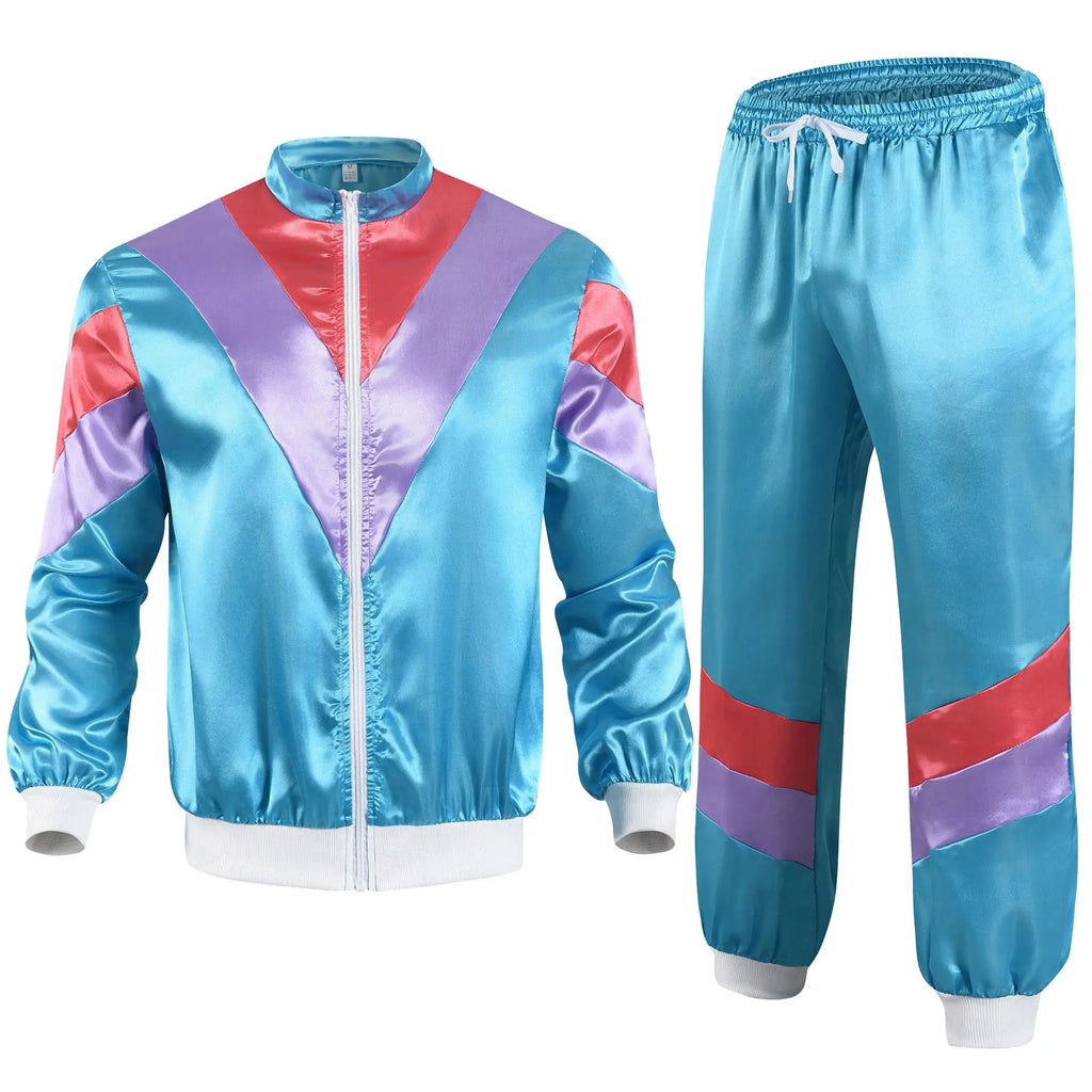 80s Retro Satin Tracksuit – Color Block Jacket & Pants Set (Unisex)