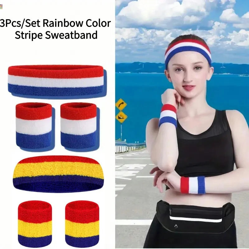 Rainbow Striped Sweatband Set (3-Pack)