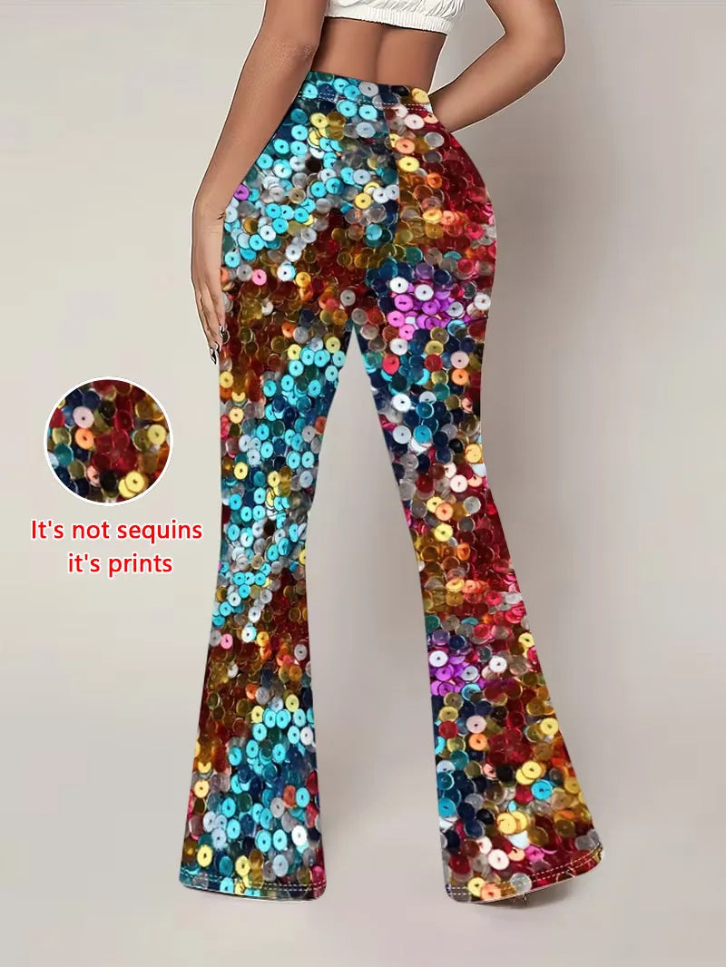 Women's Denim-Print Flare Pants