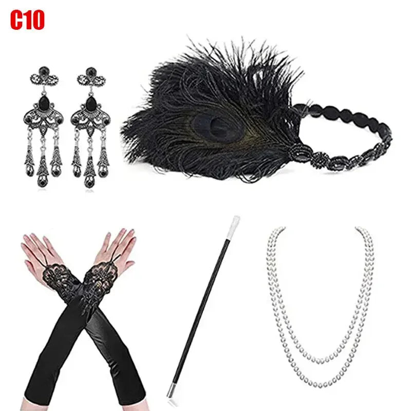 1920s Flapper Girl Costume Set – Headpiece, Necklace & Gloves