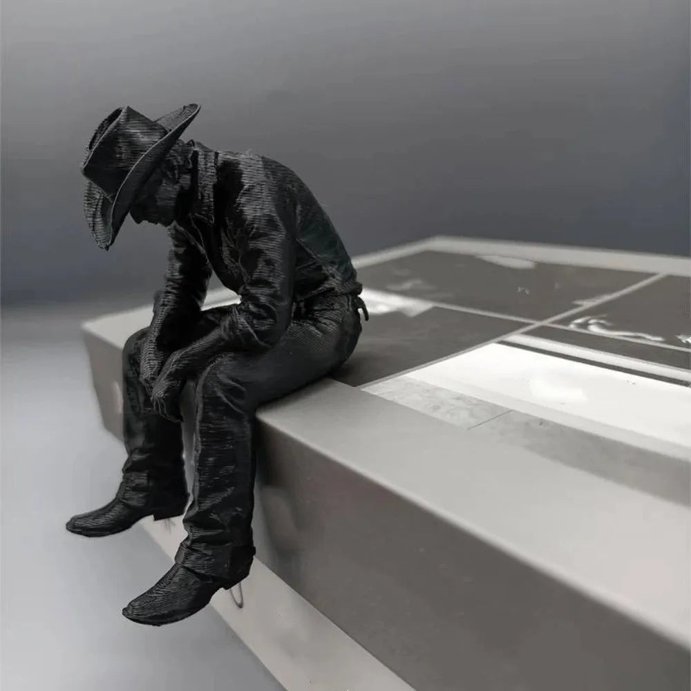 Sad Sitting Cowboy Sculpture – 3D Printed Western Statue