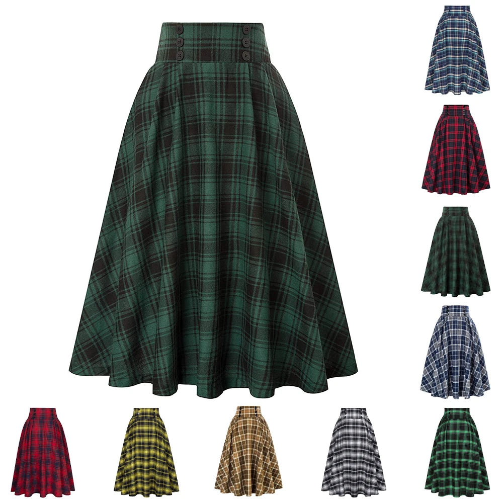 Women's Vintage Plaid Midi Skirt