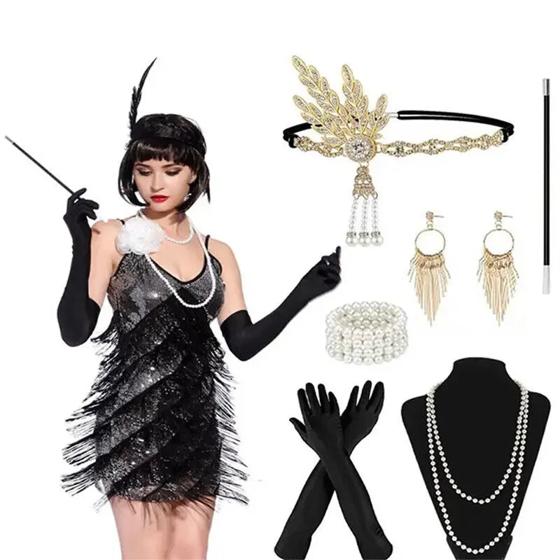1920s Flapper Girl Costume Set – Headpiece, Necklace & Gloves