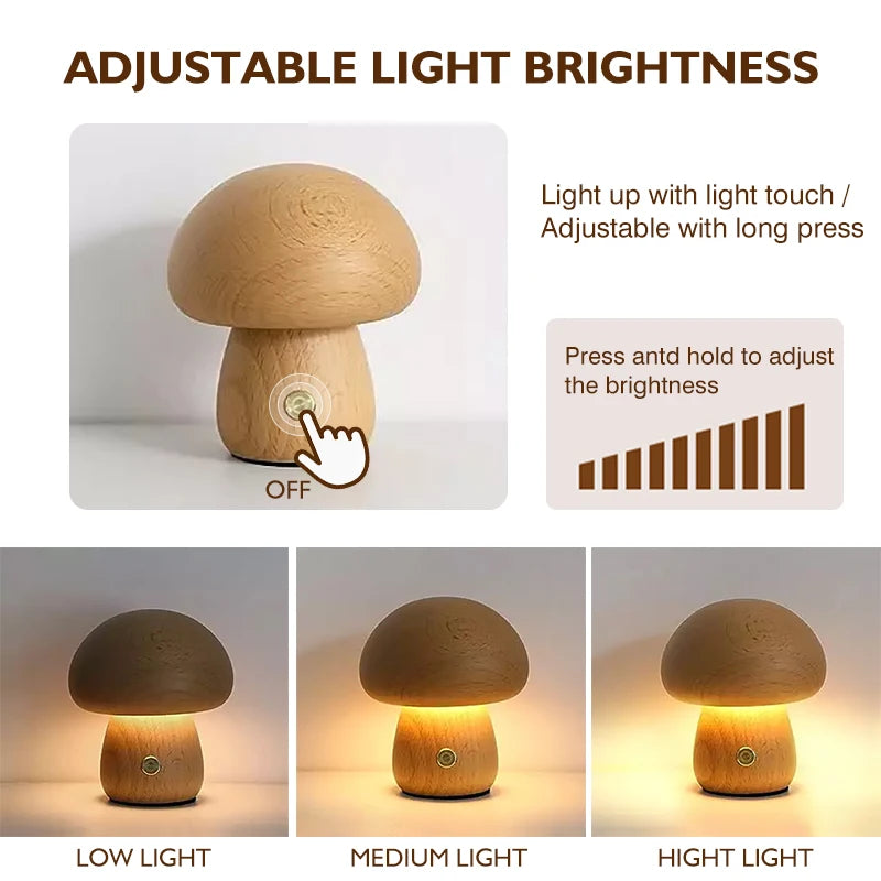 Wooden Mushroom Touch Night Light
