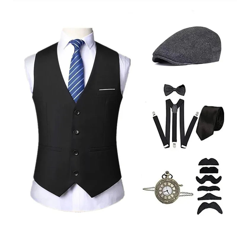 Men's 1920s Costume Set with Accessories – Vest, Hat & Tie