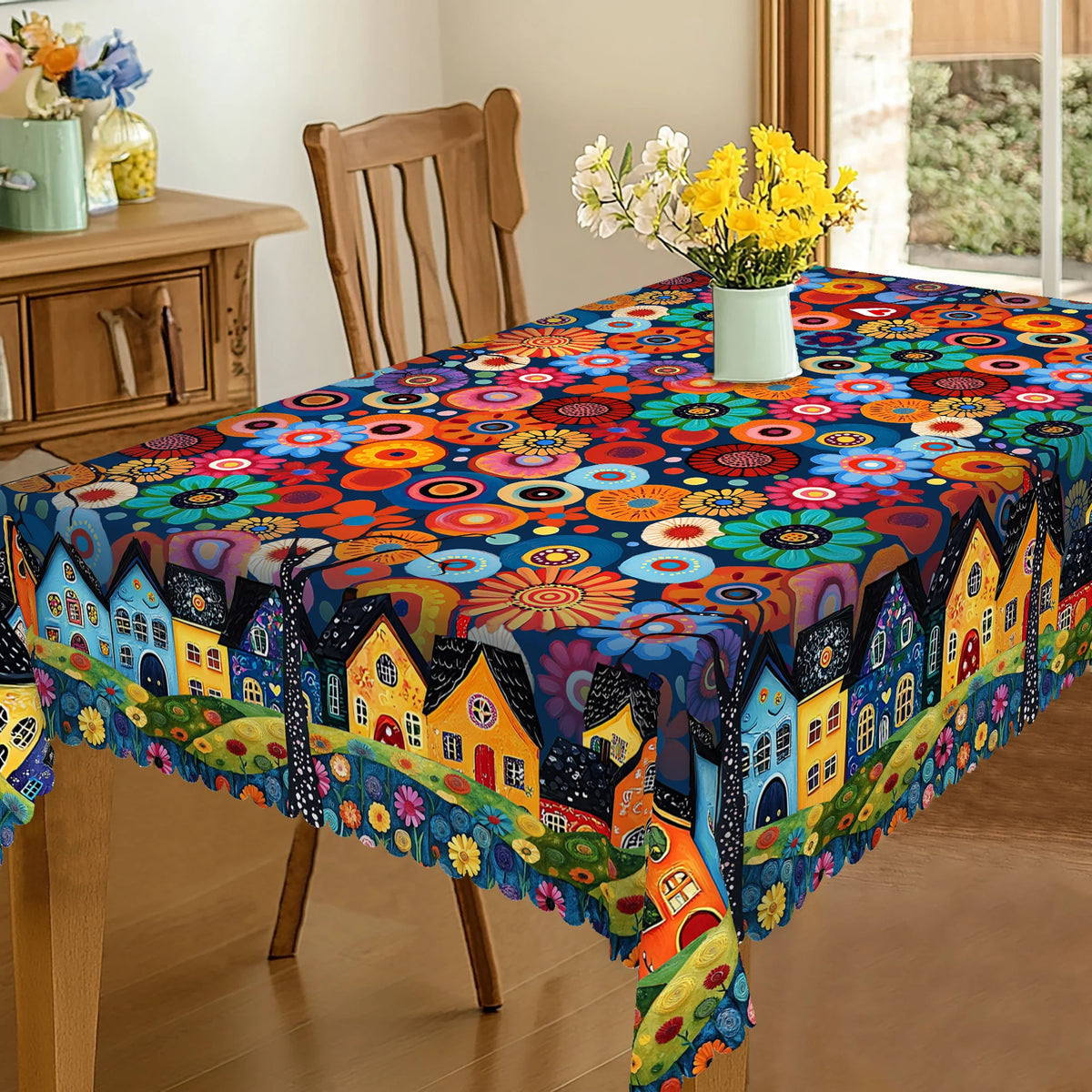 Bohemian Floral Tablecloth – Rural Scenery Print