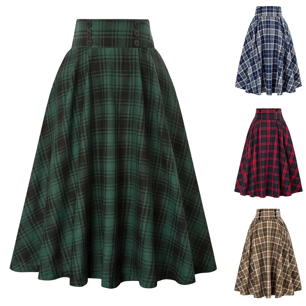 Women's Vintage Plaid Midi Skirt