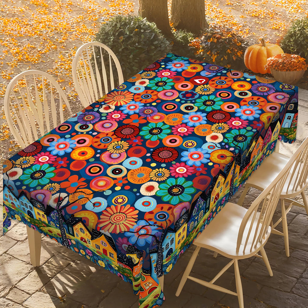 Bohemian Floral Tablecloth – Rural Scenery Print