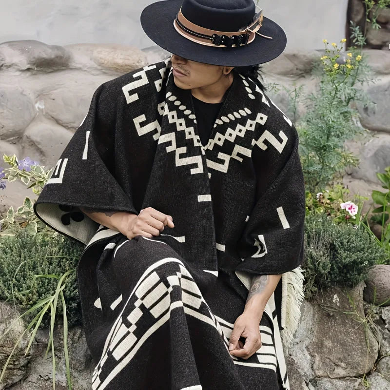 Men's Fringed Knit Poncho Cape