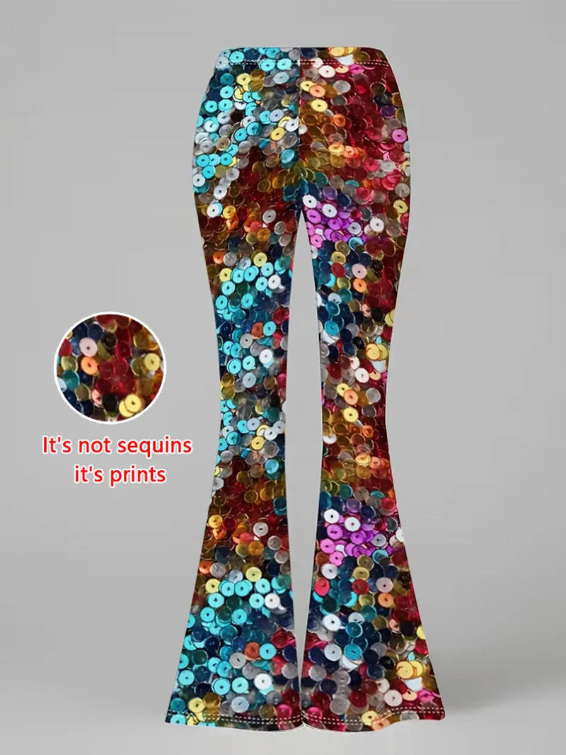 Women's Denim-Print Flare Pants