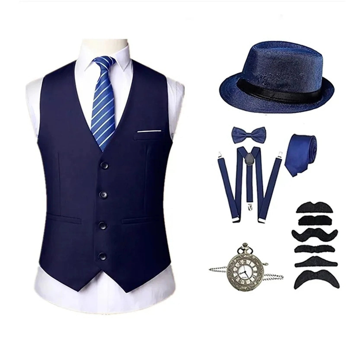 Men's 1920s Costume Set with Accessories – Vest, Hat & Tie