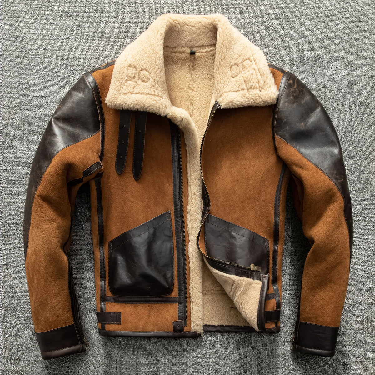 Men's Brown Shearling Winter Jacket – Plus Size 5XL