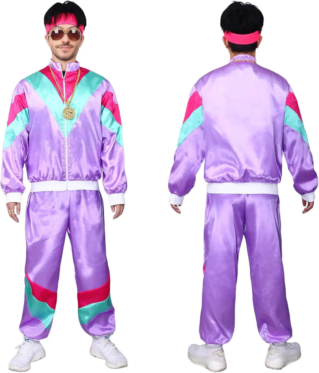 Close-up of tracksuit jacket showing retro color-blocked design