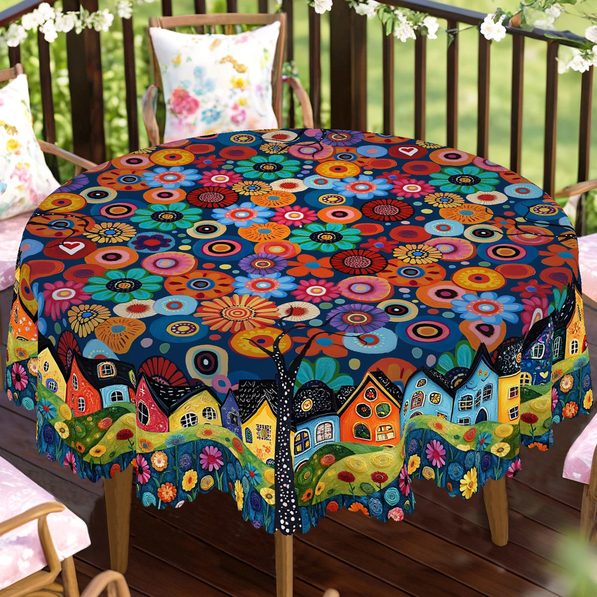 Bohemian Floral Tablecloth – Rural Scenery Print